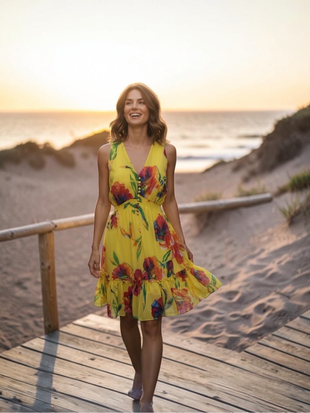 Taylor Yellow Floral V-Neck Button-Front Midi Dress Size 4